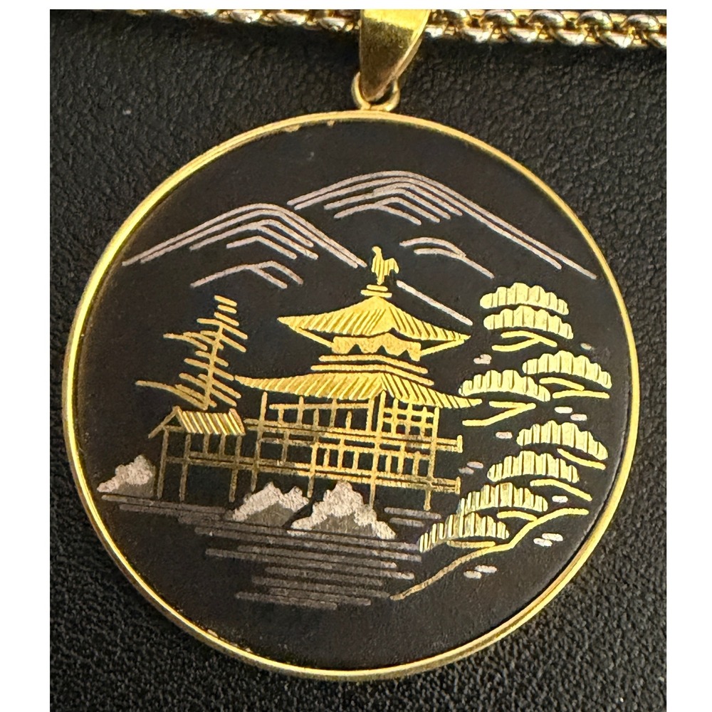 Vintage Amita Damascene Necklace Gold Filled Chain Pagoda Japan